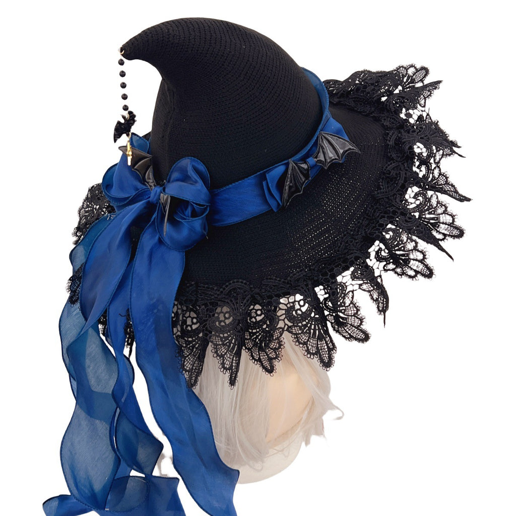 Handmade Dark Devil Bat Gothic Lolita Lace Halloween Witch Hat Witch Wizard Hat Headdress Lace