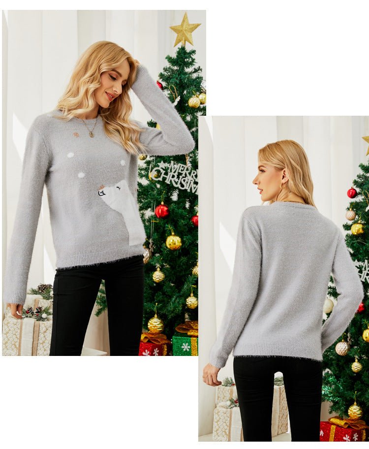 Cross-Border Popular European and American Design Knitted Tops Christmas Cartoon Jacquard Sweaters Embroidered Bear Christmas Sweaters