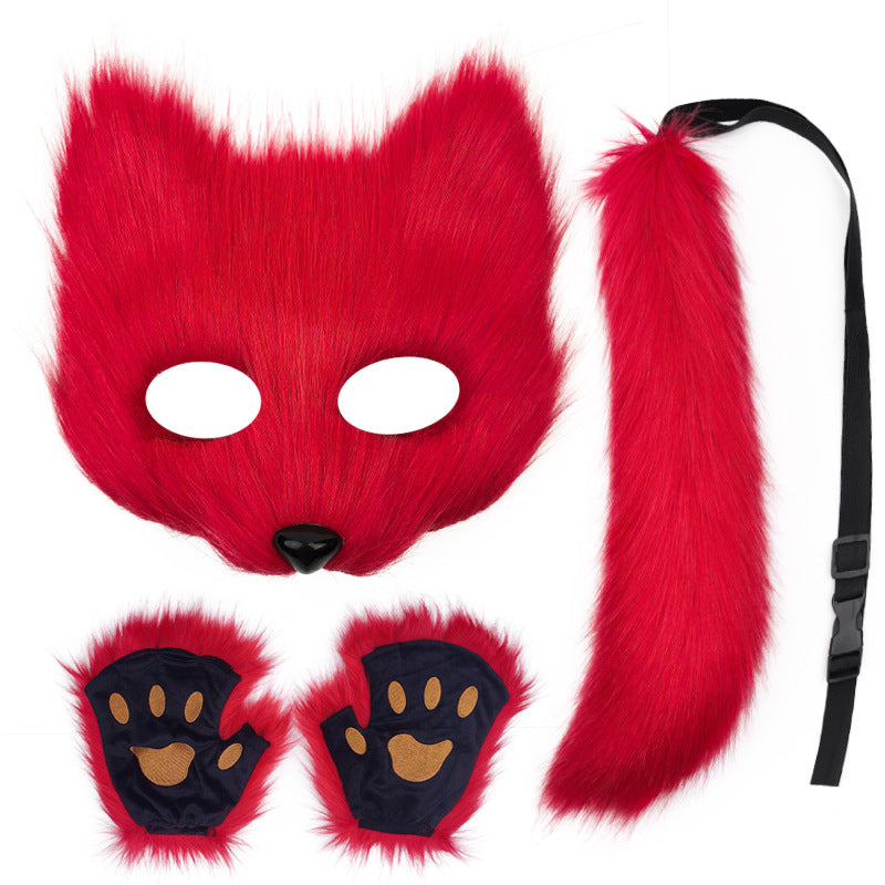 Fox Mask suit Plush Hand-made Animal Tail Gloves Tail Halloween Party Cat Animal Cos Props