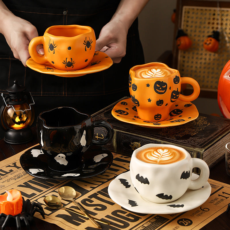 Creative Halloween-Themed Ceramic Cup and Saucer, Irregular Personalized Coffee Cup and Saucer with Pumpkin and Bat Patterns