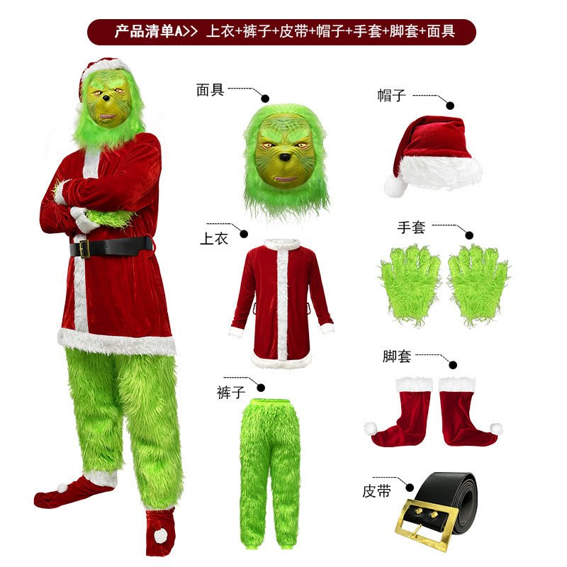 Popular Christmas clothing long hair monster cosplay Santa Claus green hair monster Grinch Christmas performance clothing - Kasa & Pet