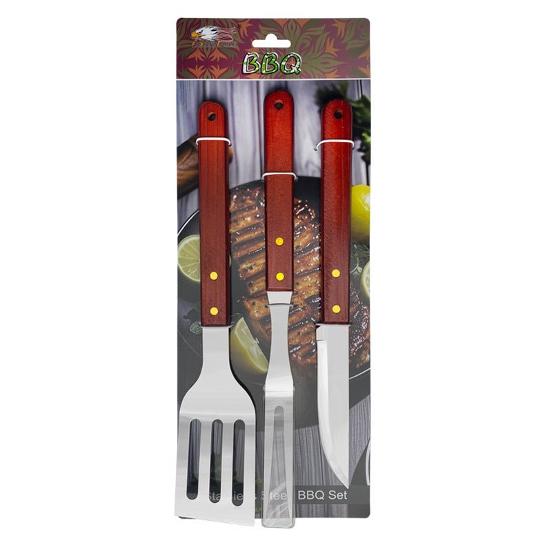 Outdoor camping barbecue tools combination stainless steel grill suit wooden handle fork shovel clip BBQ accessories cloth bag - Kasa & Pet