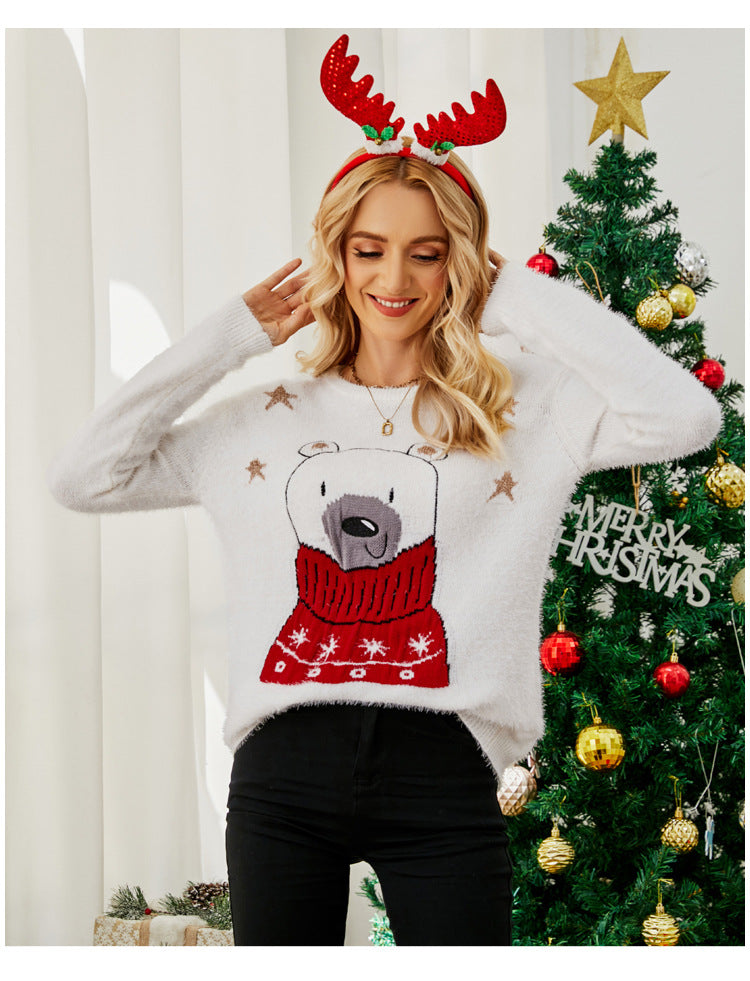 Cross-Border Popular European and American Design Knitted Tops Christmas Cartoon Jacquard Sweaters Embroidered Bear Christmas Sweaters