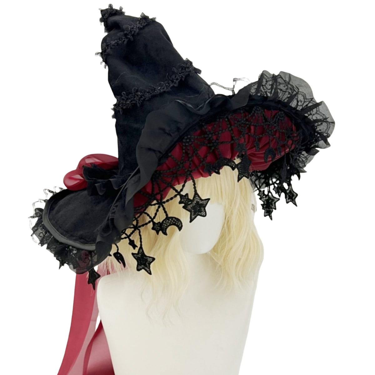 Halloween Dark Purple Lace Big Bow Witch Hat Dark Gothic Wizard Big Brim Hat Lolita Witch Hat