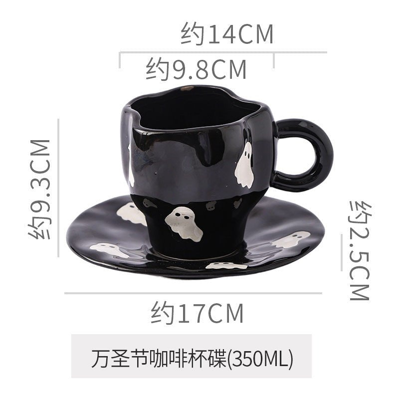 Creative Halloween-Themed Ceramic Cup and Saucer, Irregular Personalized Coffee Cup and Saucer with Pumpkin and Bat Patterns