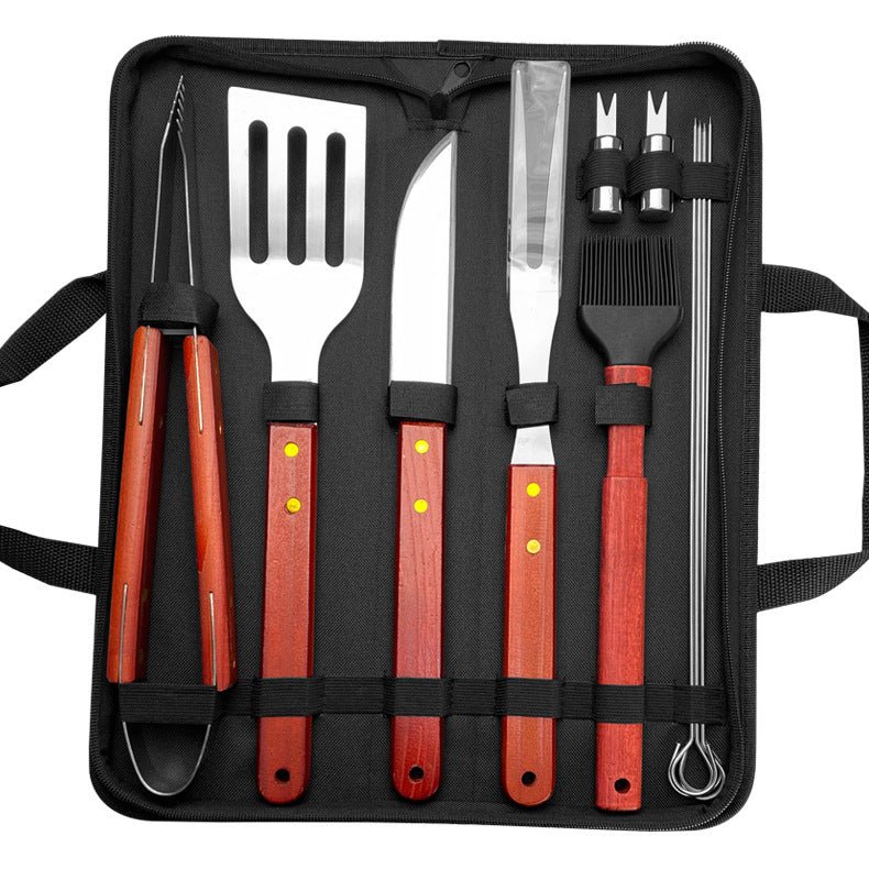 Outdoor camping barbecue tools combination stainless steel grill suit wooden handle fork shovel clip BBQ accessories cloth bag - Kasa & Pet