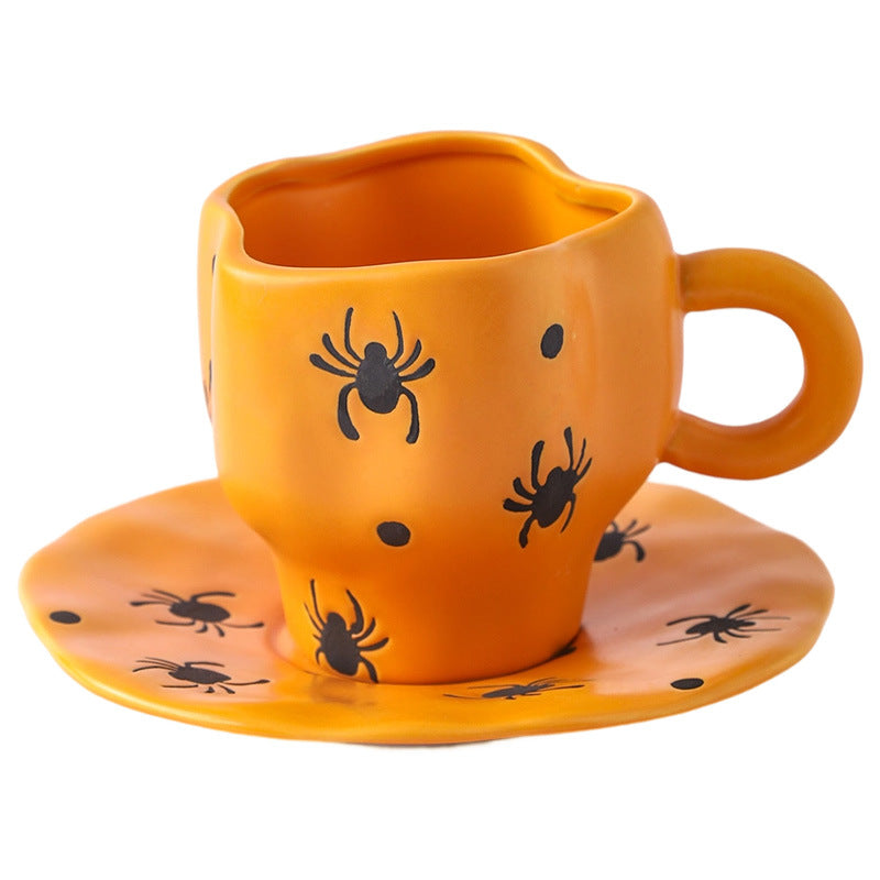 Creative Halloween-Themed Ceramic Cup and Saucer, Irregular Personalized Coffee Cup and Saucer with Pumpkin and Bat Patterns