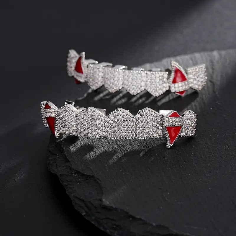 Halloween Vampire Braces Copper Inlaid with Zirconium Real Gold Electroplating Nightclub Exaggerated Big Gold Teeth Personalized Full Diamond Hip-Hop Braces