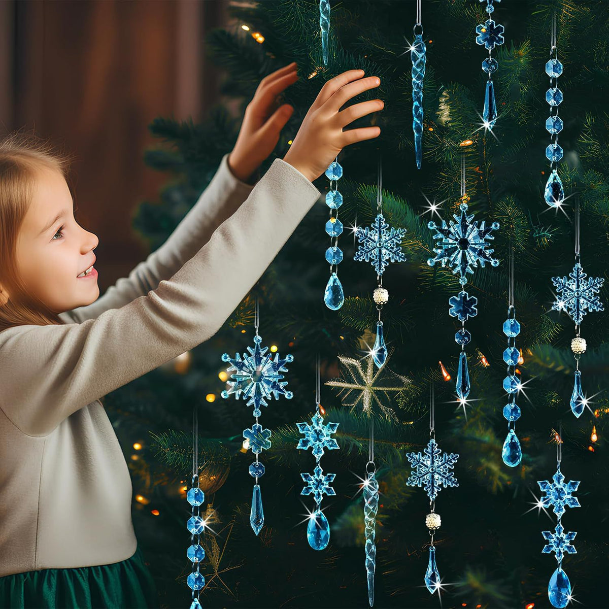 18Pcs Christmas Tree Decoration Crystal Christmas Decorations Hanging Acrylic Snowflakes and Icicles Christmas Tree Pendants