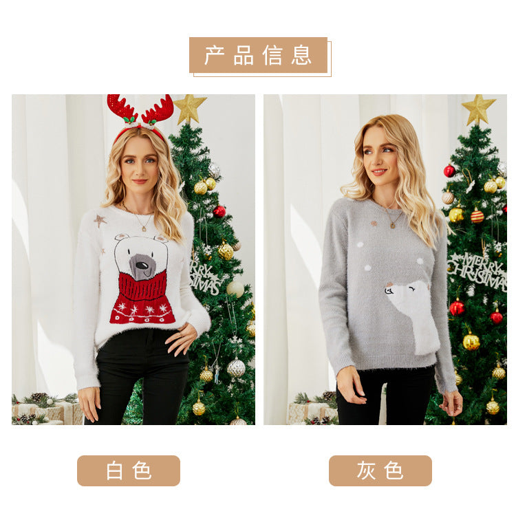 Cross-Border Popular European and American Design Knitted Tops Christmas Cartoon Jacquard Sweaters Embroidered Bear Christmas Sweaters
