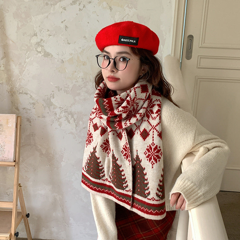 Atmosphere Christmas Tree Deer Wool Blended Knitted Scarf Women's Winter Warm Thickened Cold-proof Wool Scarf