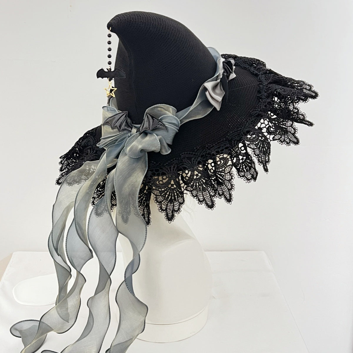 Handmade Dark Devil Bat Gothic Lolita Lace Halloween Witch Hat Witch Wizard Hat Headdress Lace