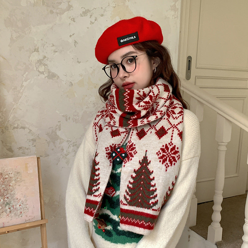 Atmosphere Christmas Tree Deer Wool Blended Knitted Scarf Women's Winter Warm Thickened Cold-proof Wool Scarf