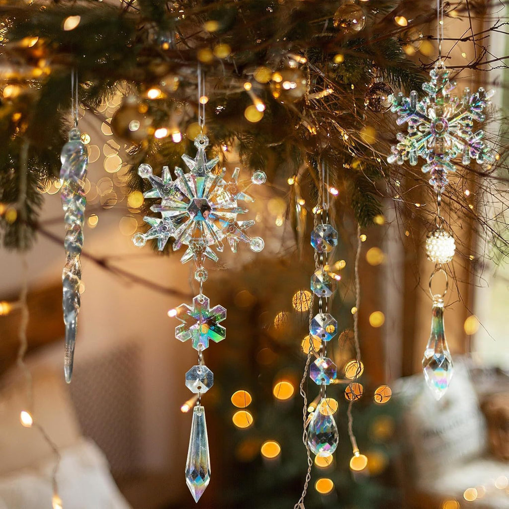 18Pcs Christmas Tree Decoration Crystal Christmas Decorations Hanging Acrylic Snowflakes and Icicles Christmas Tree Pendants