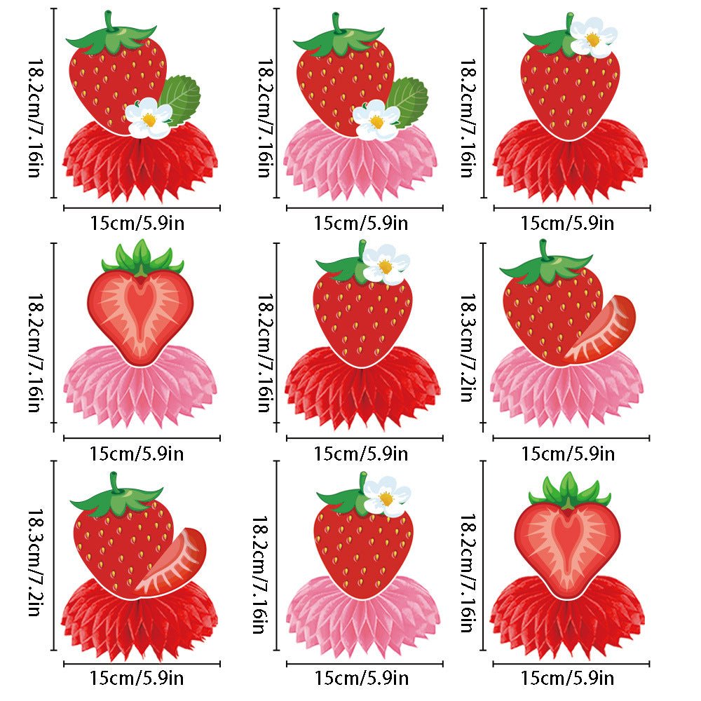 European and American Strawberry Birthday Theme Party Supplies Flags, Flowers, Honeycomb Table Decorations, Desktop Table Decorations