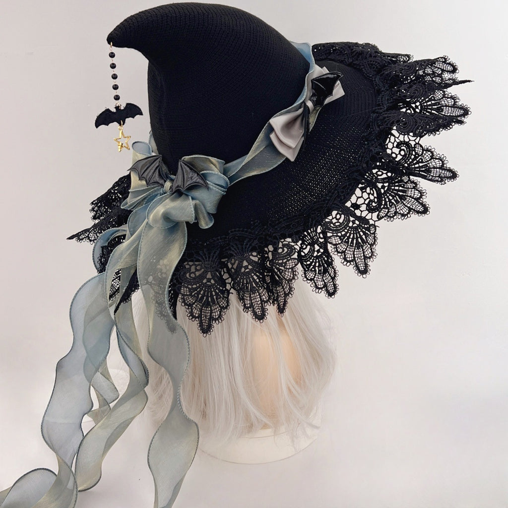 Handmade Dark Devil Bat Gothic Lolita Lace Halloween Witch Hat Witch Wizard Hat Headdress Lace