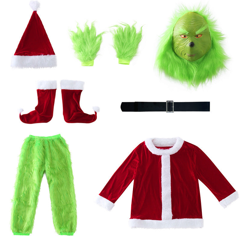 Popular Christmas clothing long hair monster cosplay Santa Claus green hair monster Grinch Christmas performance clothing