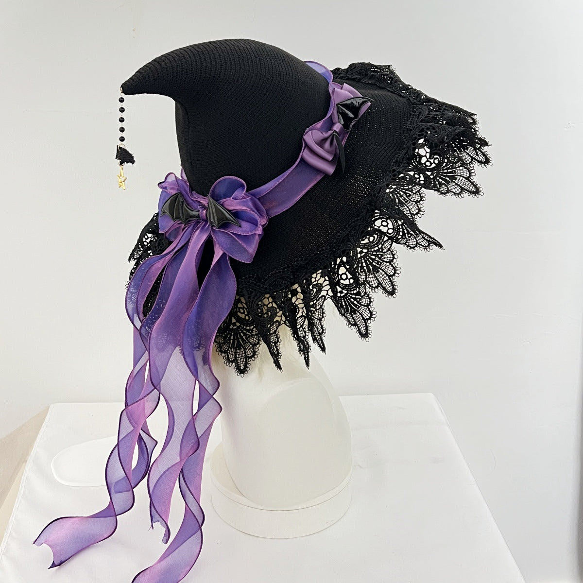 Handmade Dark Devil Bat Gothic Lolita Lace Halloween Witch Hat Witch Wizard Hat Headdress Lace