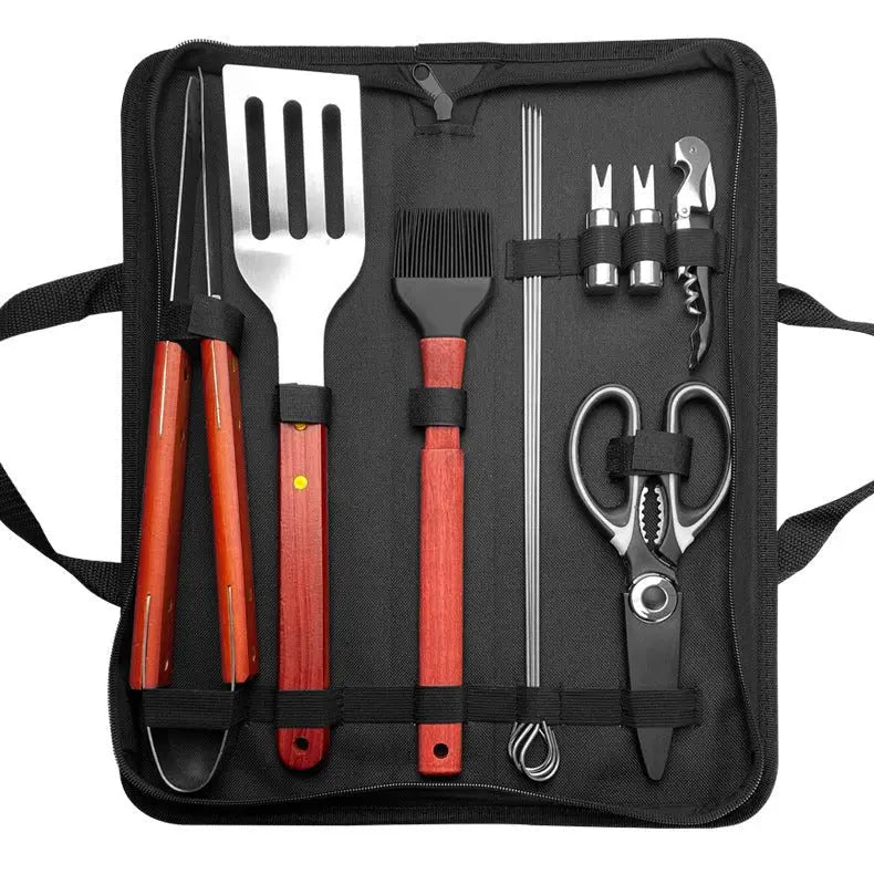Outdoor camping barbecue tools combination stainless steel grill suit wooden handle fork shovel clip BBQ accessories cloth bag - Kasa & Pet