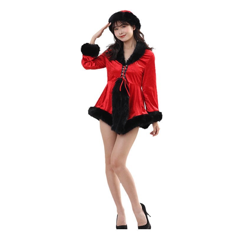 European and American Cross-Border New Christmas Clothing for Adults, Women's Christmas Dress with Hat, Christmas Stage Party Performance Costume