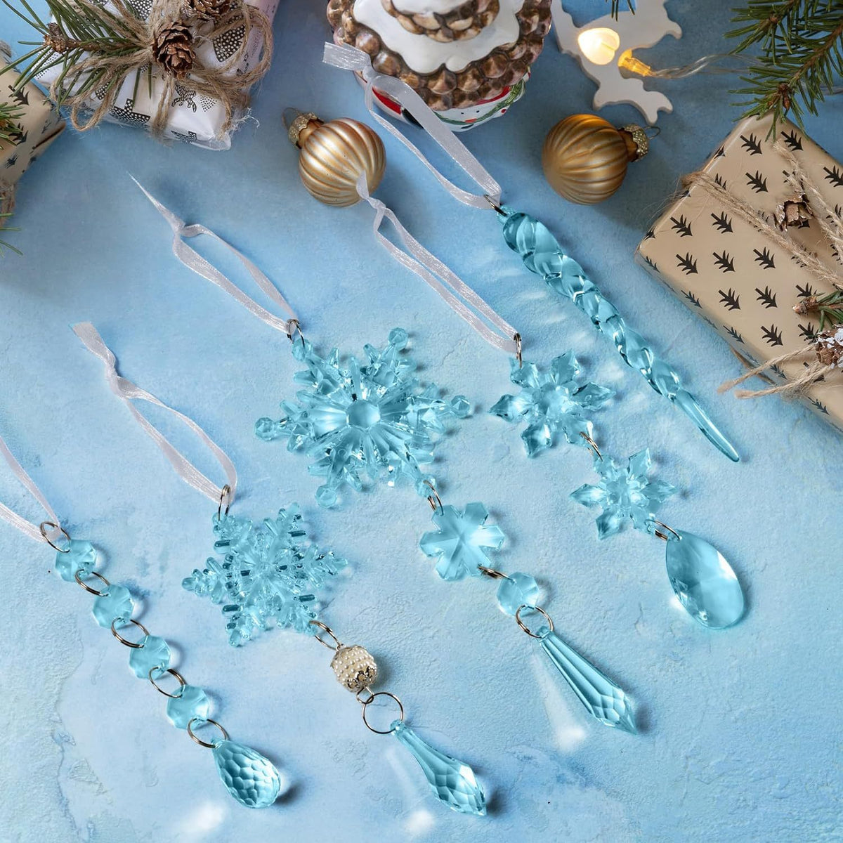 18Pcs Christmas Tree Decoration Crystal Christmas Decorations Hanging Acrylic Snowflakes and Icicles Christmas Tree Pendants