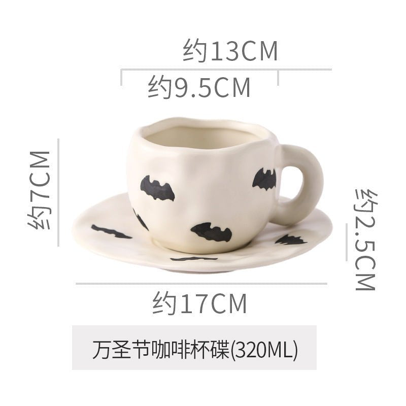 Creative Halloween-Themed Ceramic Cup and Saucer, Irregular Personalized Coffee Cup and Saucer with Pumpkin and Bat Patterns
