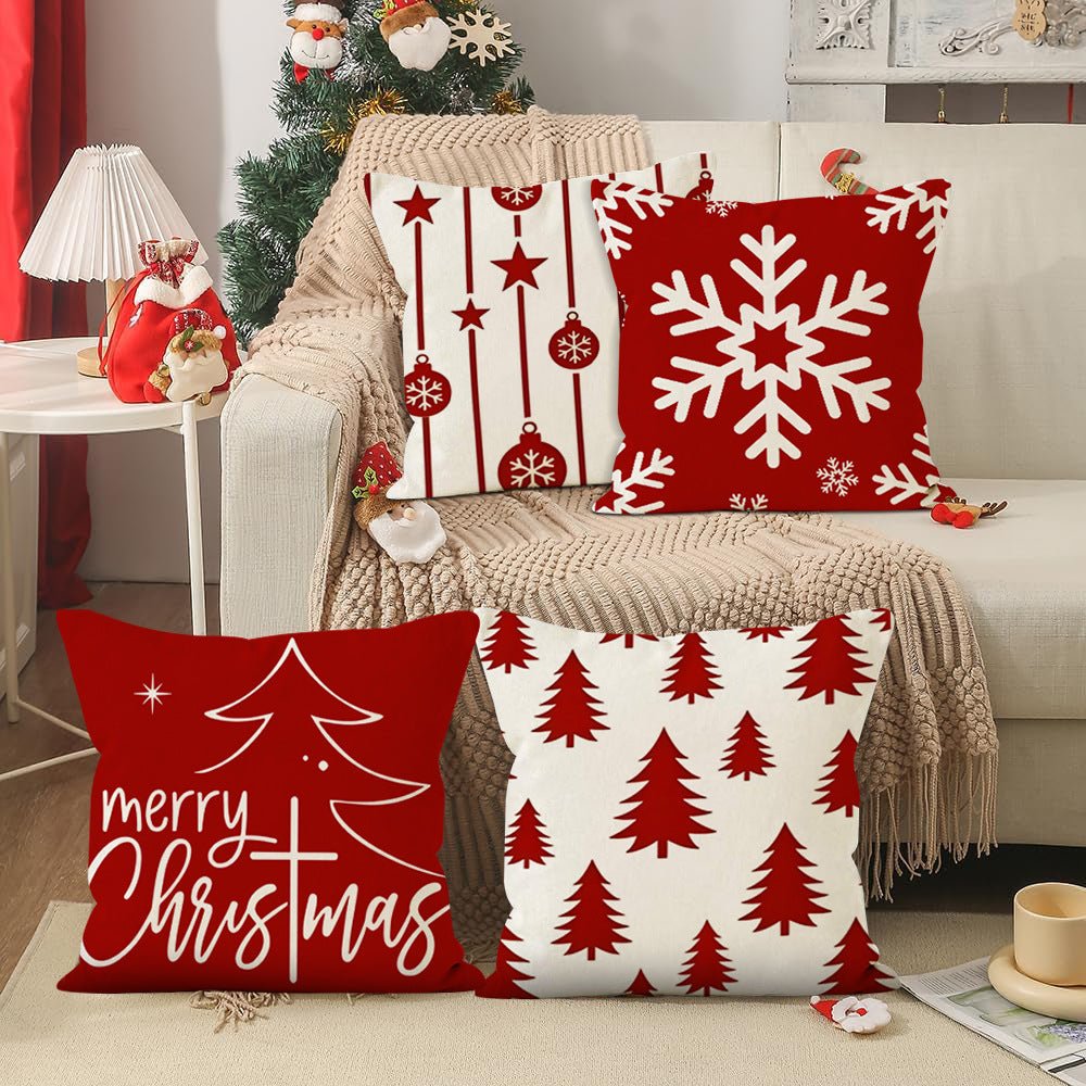 Christmas Pillow Case Red Christmas Tree Snowflake Printed Pillow Case Holiday Sofa Decorative Cushion Cover Wholesale