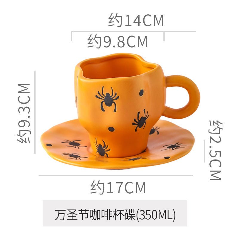 Creative Halloween-Themed Ceramic Cup and Saucer, Irregular Personalized Coffee Cup and Saucer with Pumpkin and Bat Patterns
