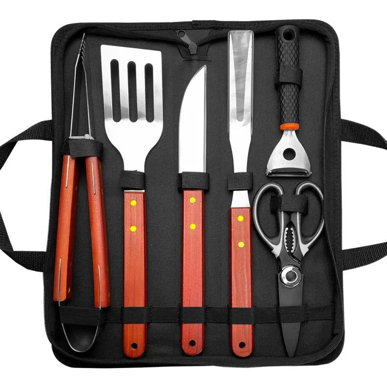 Outdoor camping barbecue tools combination stainless steel grill suit wooden handle fork shovel clip BBQ accessories cloth bag - Kasa & Pet