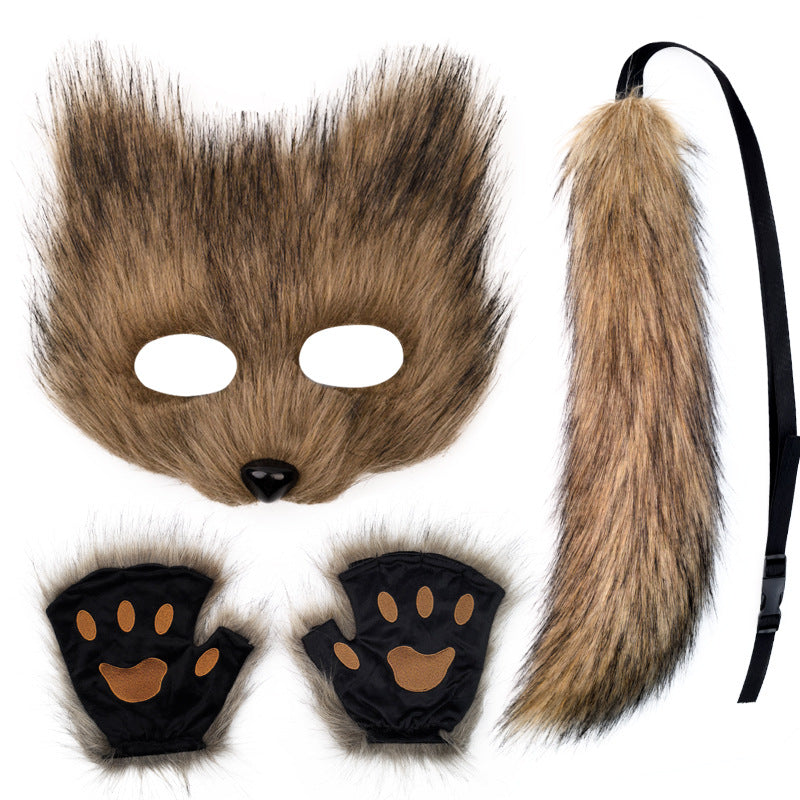 Fox Mask suit Plush Hand-made Animal Tail Gloves Tail Halloween Party Cat Animal Cos Props