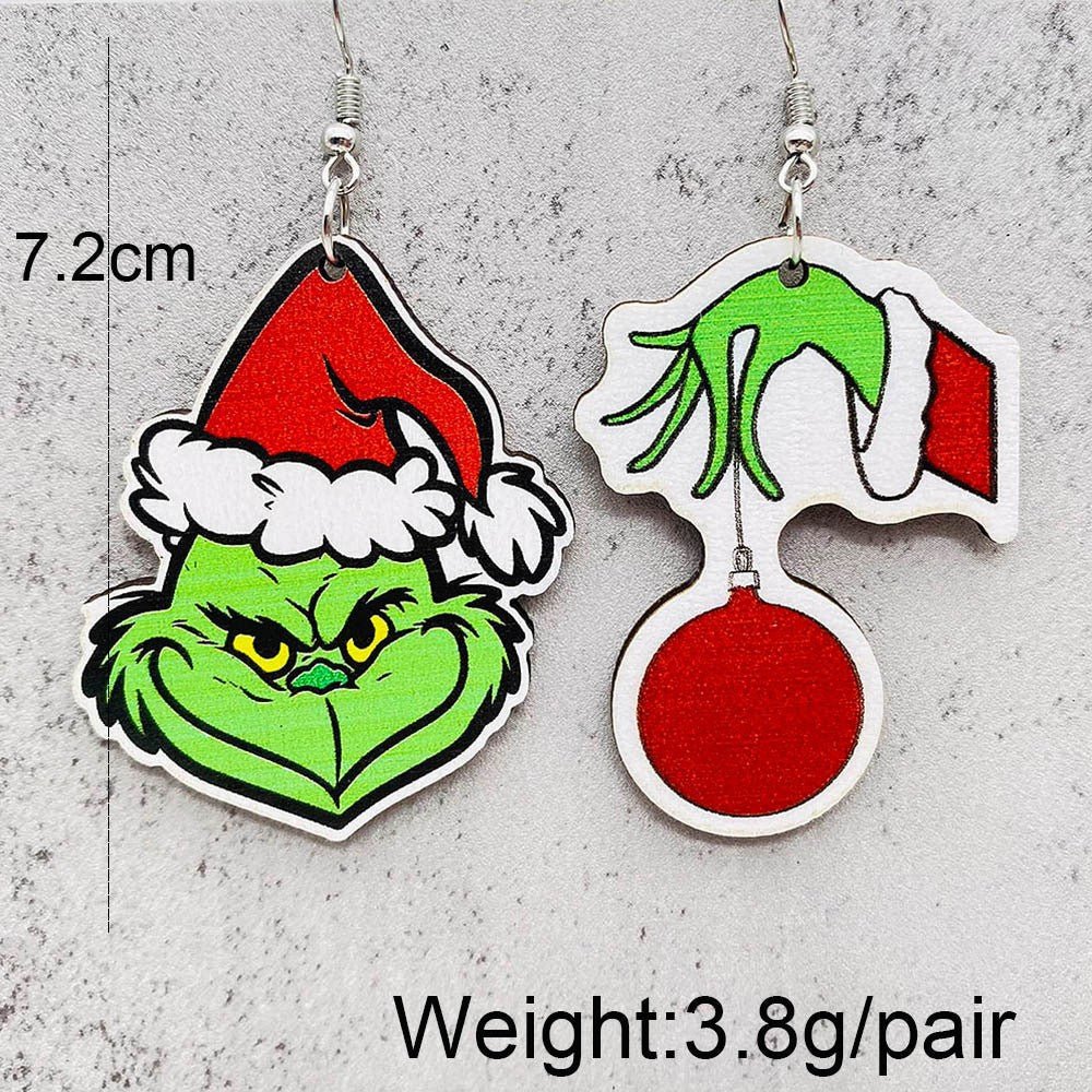 Cross-border new European and American Christmas Grinch wooden earrings green fur strange Christmas gift drop wooden earrings earrings - Kasa & Pet