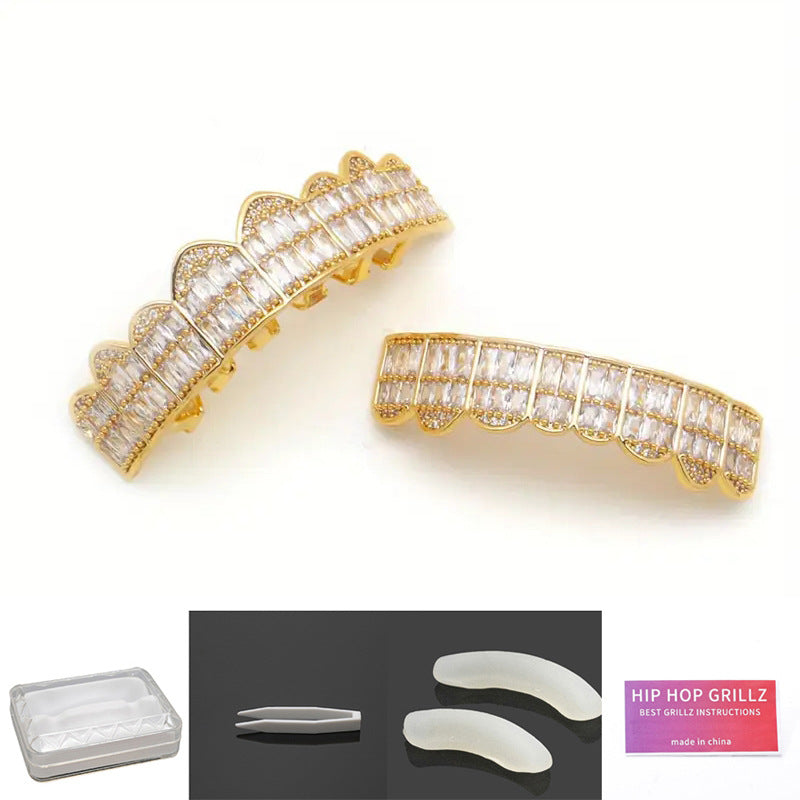 Halloween Vampire Braces Copper Inlaid with Zirconium Real Gold Electroplating Nightclub Exaggerated Big Gold Teeth Personalized Full Diamond Hip-Hop Braces