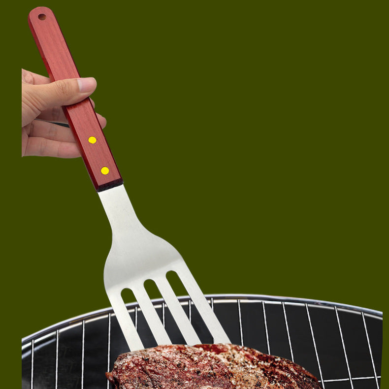 Outdoor camping barbecue tools combination stainless steel grill suit wooden handle fork shovel clip BBQ accessories cloth bag