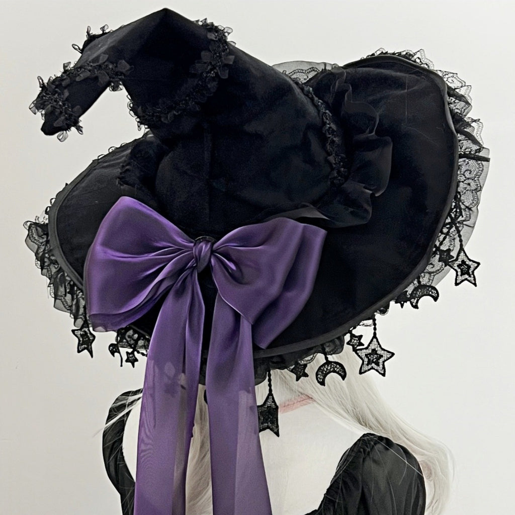 Halloween Dark Purple Lace Big Bow Witch Hat Dark Gothic Wizard Big Brim Hat Lolita Witch Hat