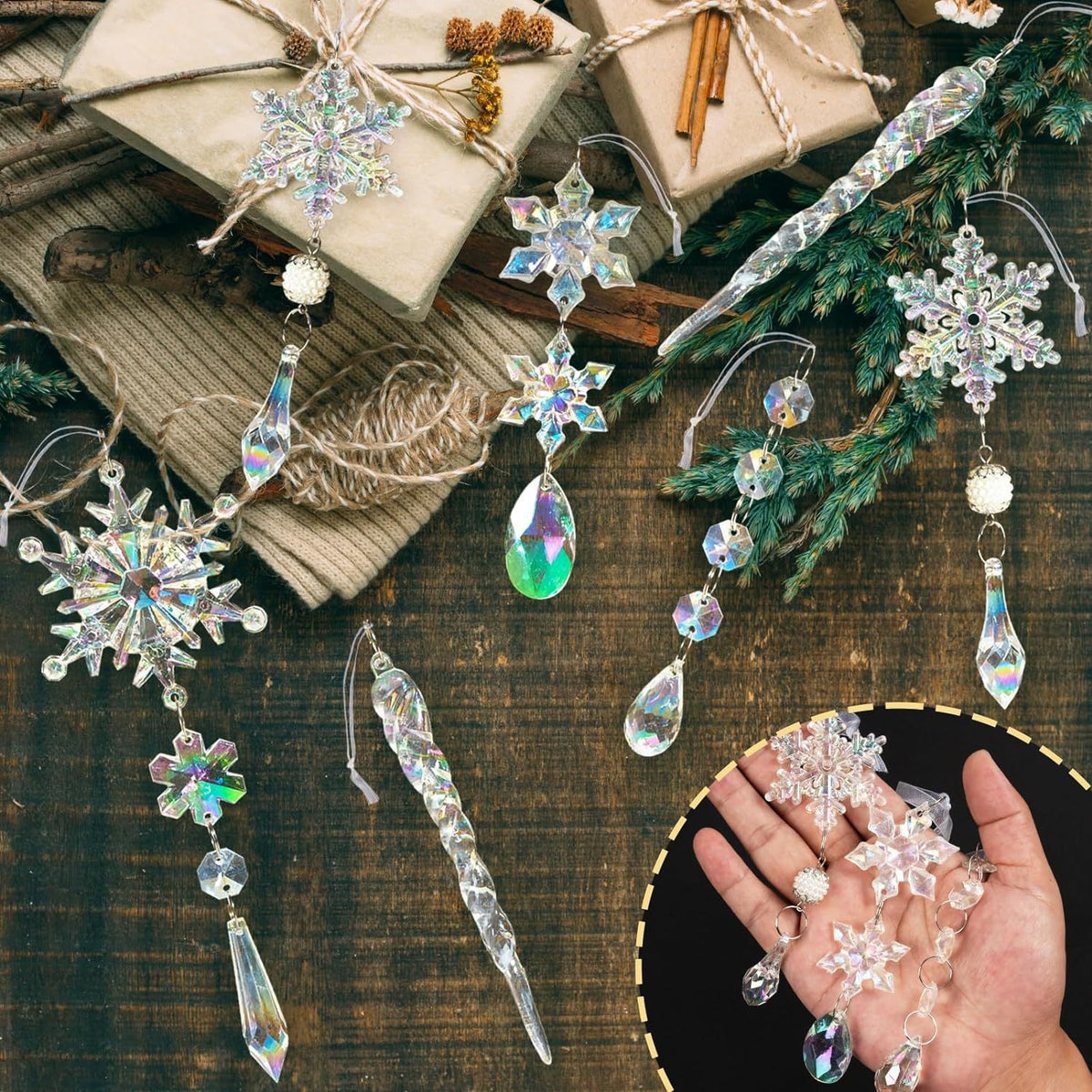 18Pcs Christmas Tree Decoration Crystal Christmas Decorations Hanging Acrylic Snowflakes and Icicles Christmas Tree Pendants
