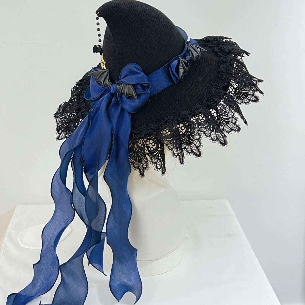 Handmade Dark Devil Bat Gothic Lolita Lace Halloween Witch Hat Witch Wizard Hat Headdress Lace