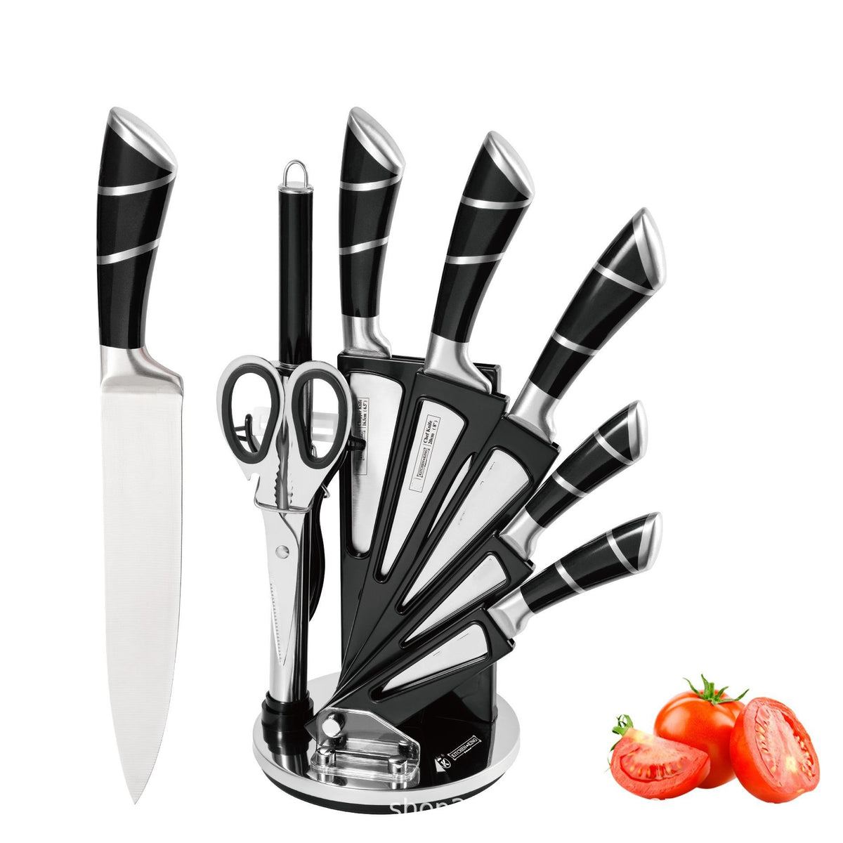 Spot Stainless Steel Horseshoe Hollow Handle Knife Set Eight-Piece Acrylic Plastic Rotating Seat Kitchen Knife Kitchen Knife