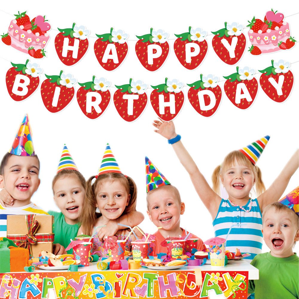 European and American Strawberry Birthday Theme Party Supplies Flags, Flowers, Honeycomb Table Decorations, Desktop Table Decorations