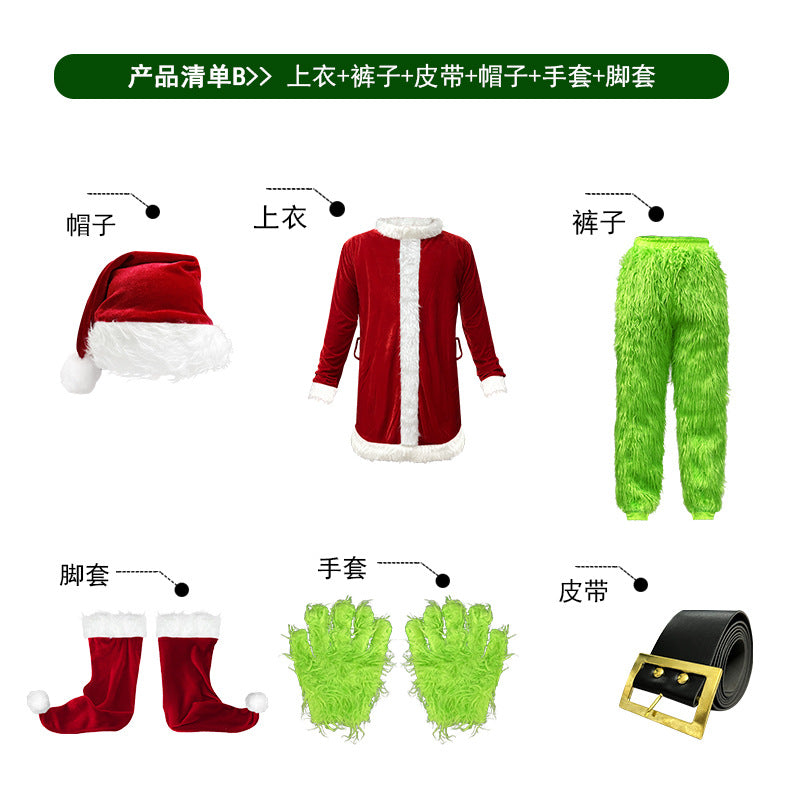 Popular Christmas clothing long hair monster cosplay Santa Claus green hair monster Grinch Christmas performance clothing