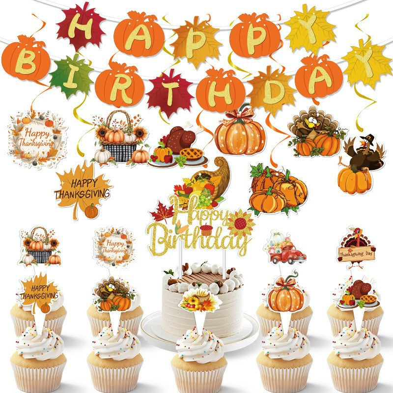 Cross-Border Autum New Thanksgiving Party Give Thanks Flag Harvest Festival Turkey Pumpkin Decoration Banner