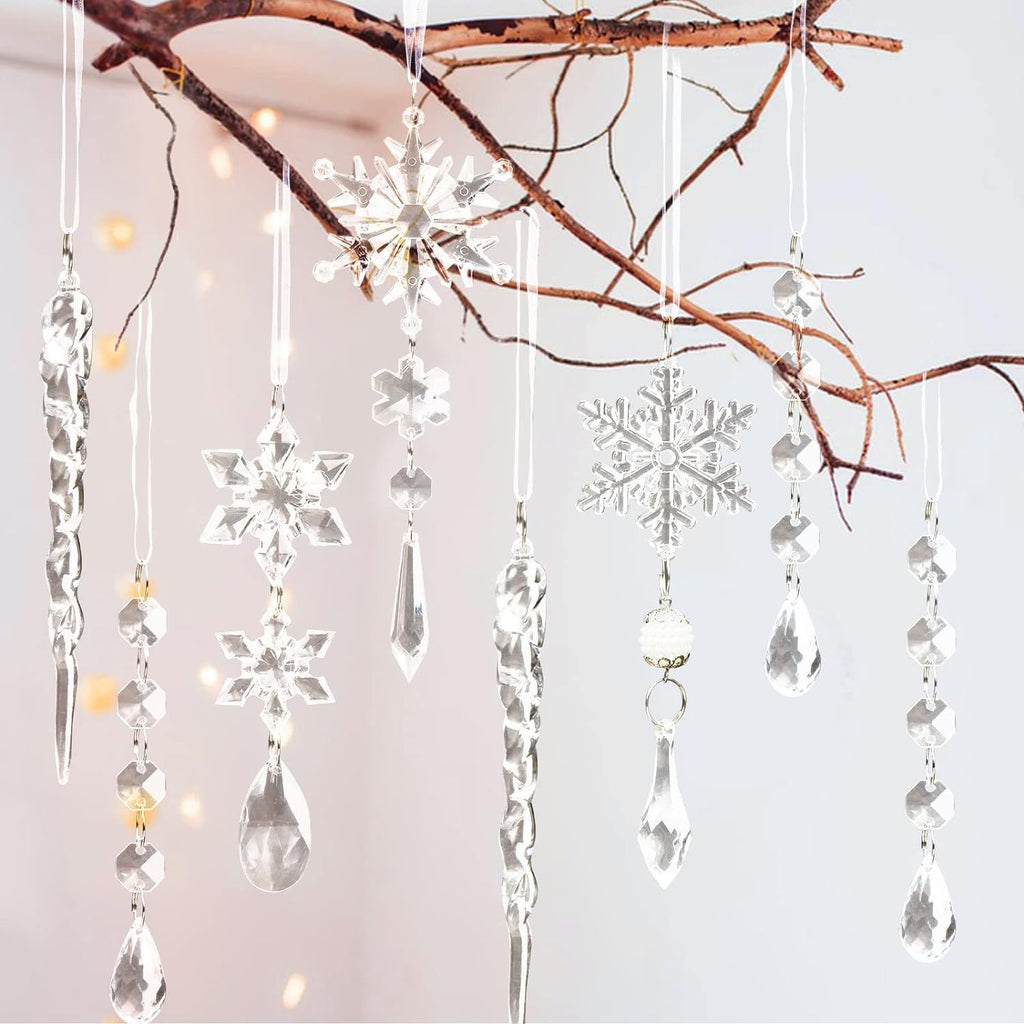 18Pcs Christmas Tree Decoration Crystal Christmas Decorations Hanging Acrylic Snowflakes and Icicles Christmas Tree Pendants
