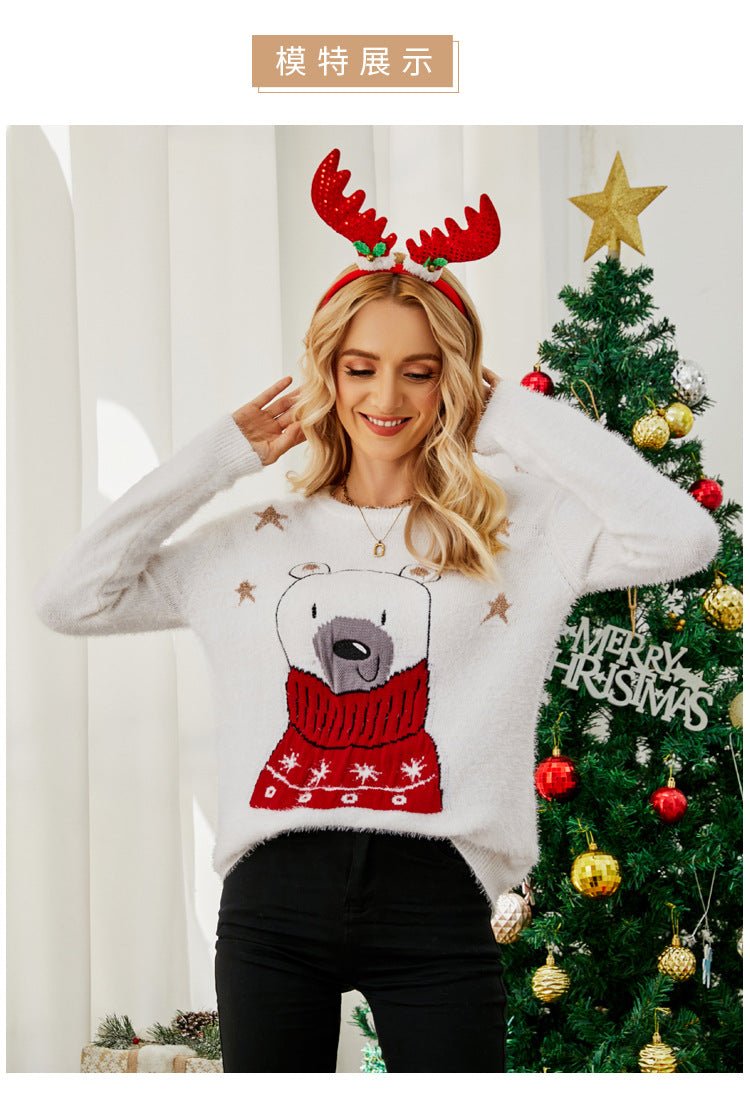 Cross-Border Popular European and American Design Knitted Tops Christmas Cartoon Jacquard Sweaters Embroidered Bear Christmas Sweaters