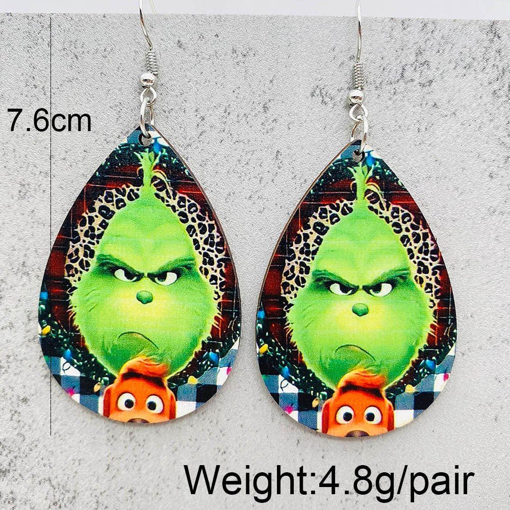 Cross-border new European and American Christmas Grinch wooden earrings green fur strange Christmas gift drop wooden earrings earrings - Kasa & Pet