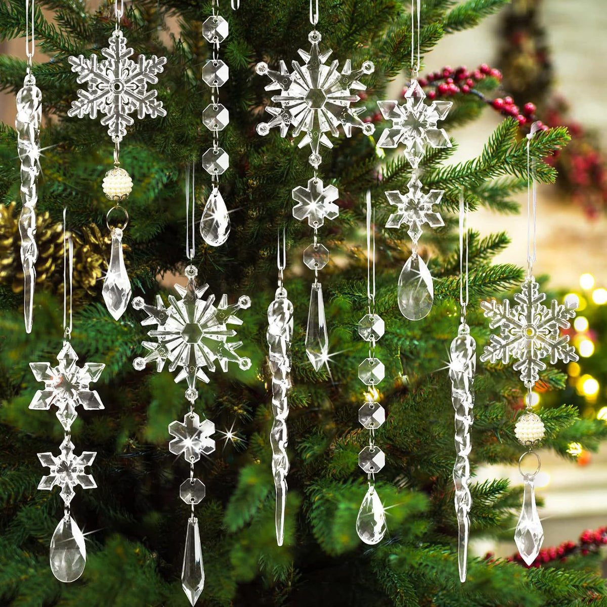 18Pcs Christmas Tree Decoration Crystal Christmas Decorations Hanging Acrylic Snowflakes and Icicles Christmas Tree Pendants