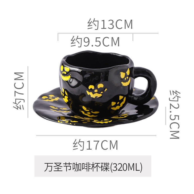 Creative Halloween-Themed Ceramic Cup and Saucer, Irregular Personalized Coffee Cup and Saucer with Pumpkin and Bat Patterns