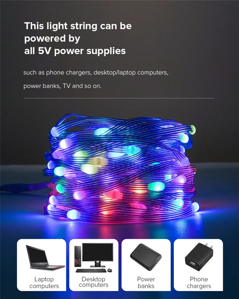 Árvore de Natal ao ar livre e interior String Lights, impermeável Bluetooth Fairy LED String Lights, IP65, WS2812B, 100LED, 10m
