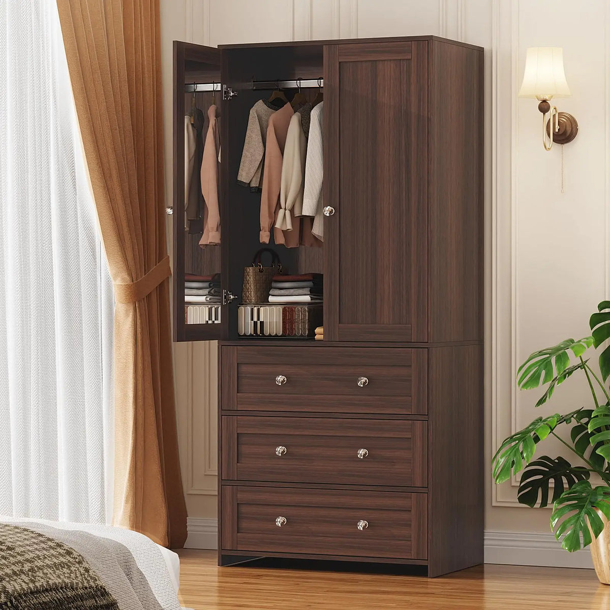 Armário Guarda-Roupa com Gavetas e Espelho, Armário de Armazenamento de Roupas com Barra para Pendurar, Armário de Madeira, Personalizado Kasa & Pet Store