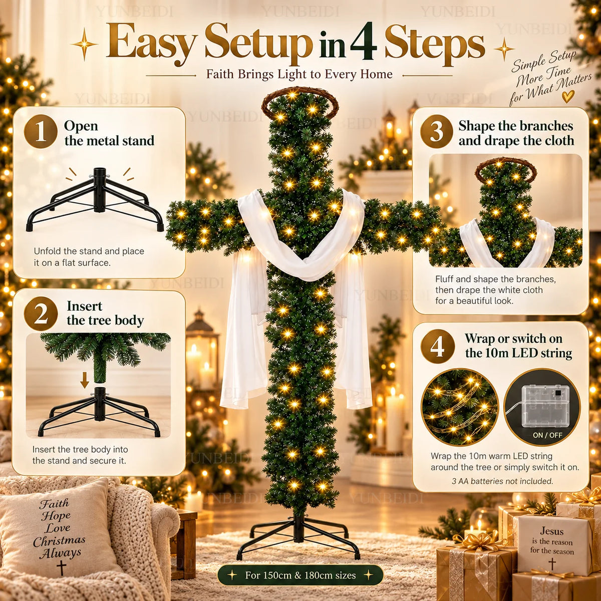 Decoração de Árvore de Natal em Forma de Cruz de 150/180cm com Luzes LED Quentes, Decoração Religiosa para Árvore de Natal, Jardim, Igreja e Festas