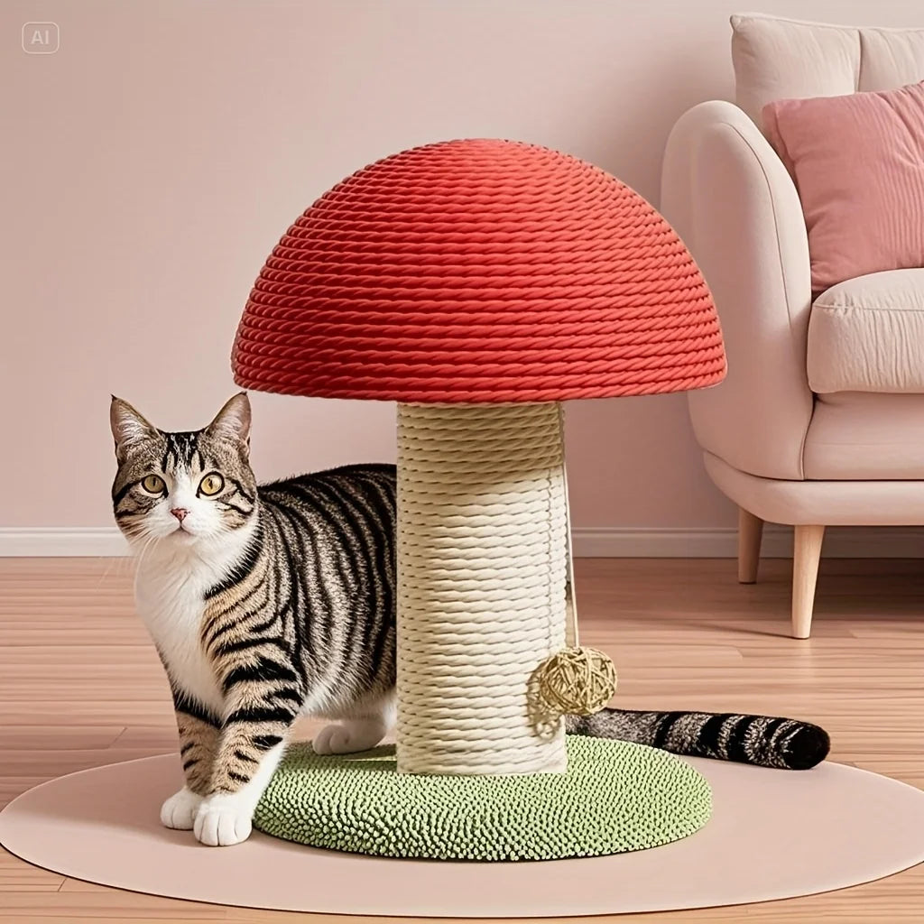 Tirador de gato em forma de cogumelo vermelho com almofada de sisal, mini vila para animais de estimação e base pom-pom verde