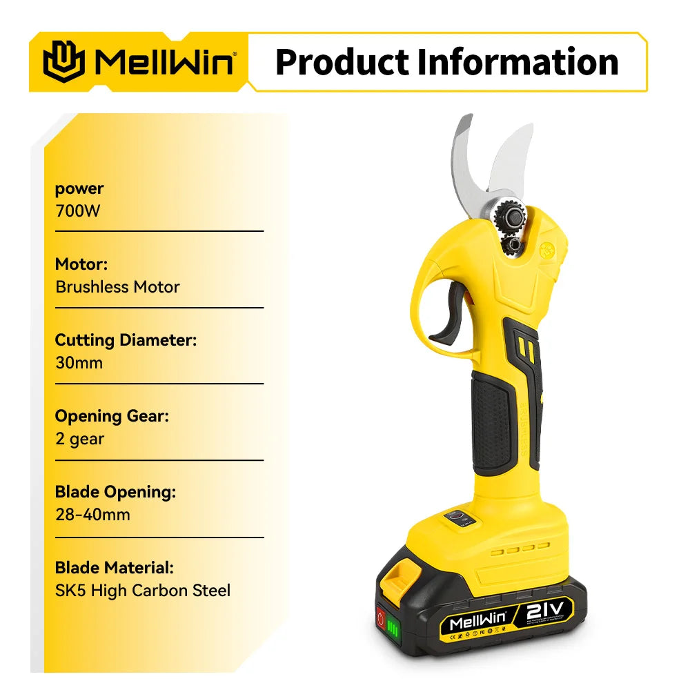 Mellwin 30mm tesouras de poda elétricas sem escova sem fio cortador de galhos de árvores frutíferas tesoura de jardim para makita 18v bateria pino